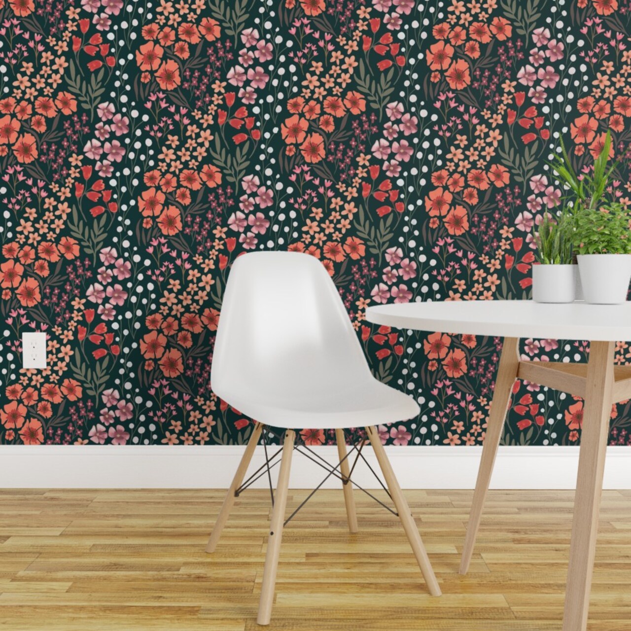 Peel & Stick Wallpaper 2FT Wide Dark Floral Botanical Garden Delicate Romantic Graceful Green Coral Orange Custom Removable Wallpaper by Spoonflower